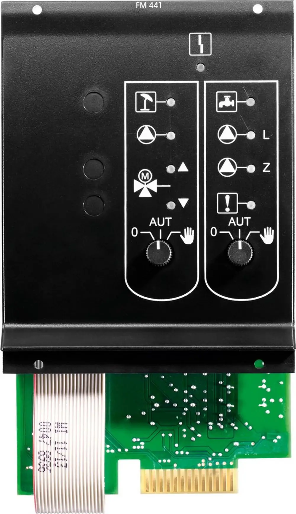 Schwarze Steuerfrontplatte von Bosch mit verschiedenen Bedienelementen und LEDs. Unterseite zeigt eine grüne Leiterplatte mit Anschlussleiste und Flachbandkabel.